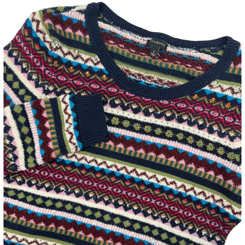 Talbots Womens Fair Isle Beaded Studded Wool Blend Sweater Navy Multicolor Small